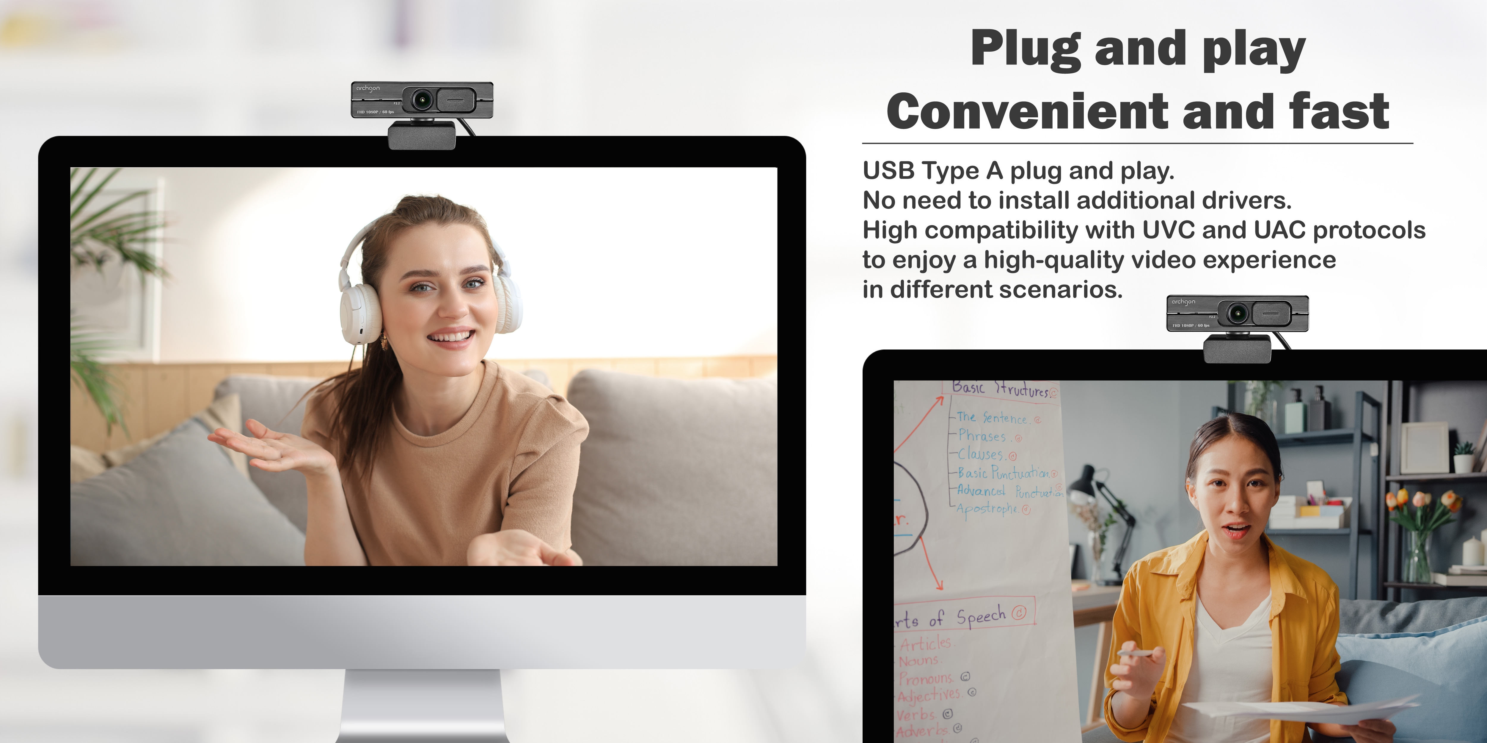 Archgon Webcam Full HD 1080P/60fps Streaming Low-Light Correction  Wide-Angle Lens Webcam with Dual Omni-Directional Microphone, Privacy Cover  and